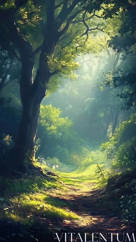 Luminescent Forest Canopy with Dappled Sunlight Through Ancient Woodland