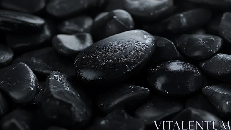 Highly polished black river stones rendered with macro realism