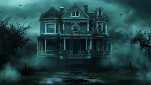 Fog-drowned Victorian manor brooding beneath a haunted sky.