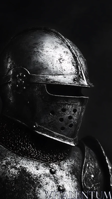 Weathered knight’s helmet glowing softly in the dark.