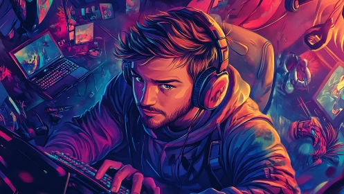 Male gamer focuses on colorful PC setup in neon lighting