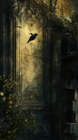 Dark crow against decayed stone wall and overgrown arch