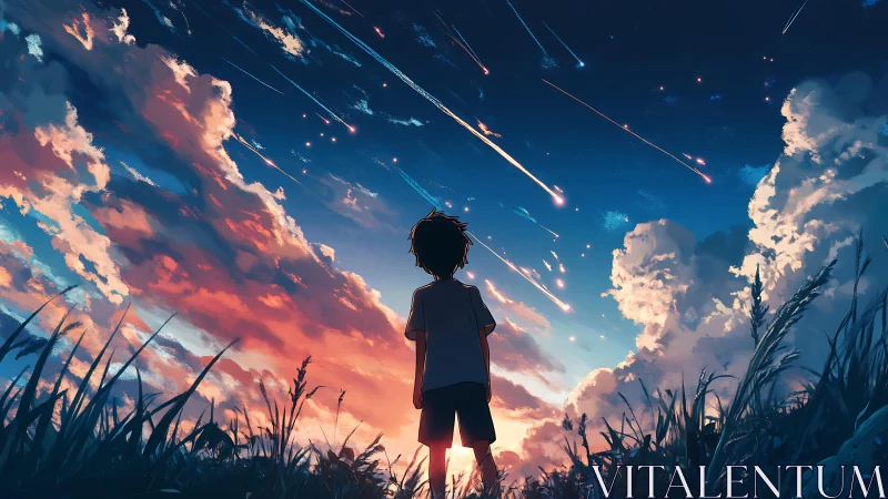 Boy beneath blazing meteor shower at sunset sky.