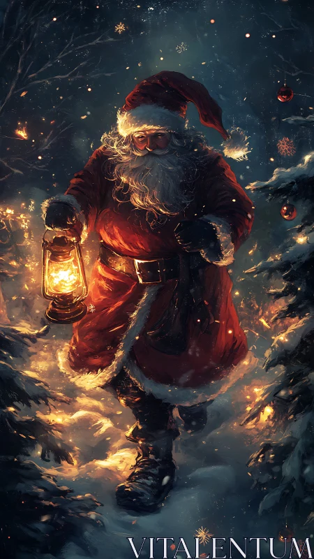 Santa in a nocturnal forest illuminated by warm lantern light