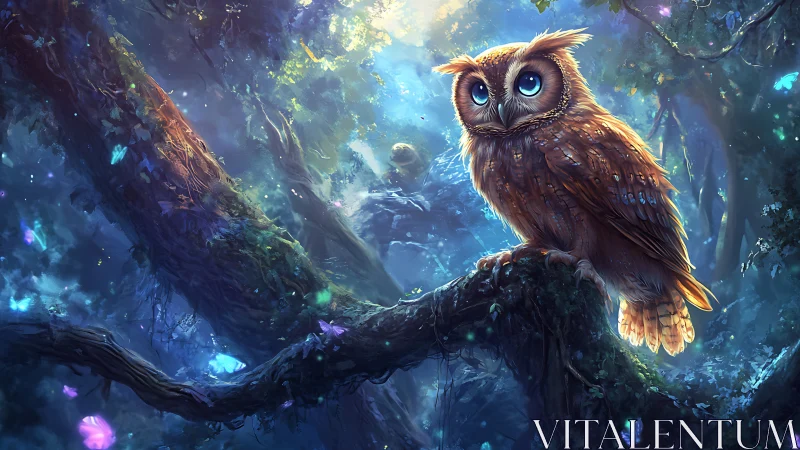 Bright-eyed forest owl resting in a softly glowing glade.