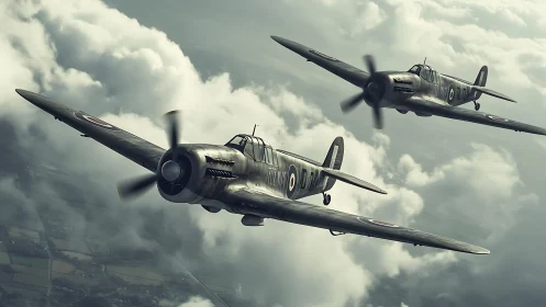 Photorealistic WWII fighter formation in dynamic cloudscape.