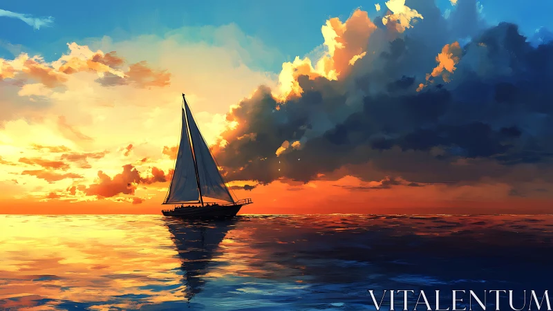 Solitary sailboat crossing a vivid digital sunset seascape.