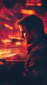 Driver profile framed by blazing urban light trails