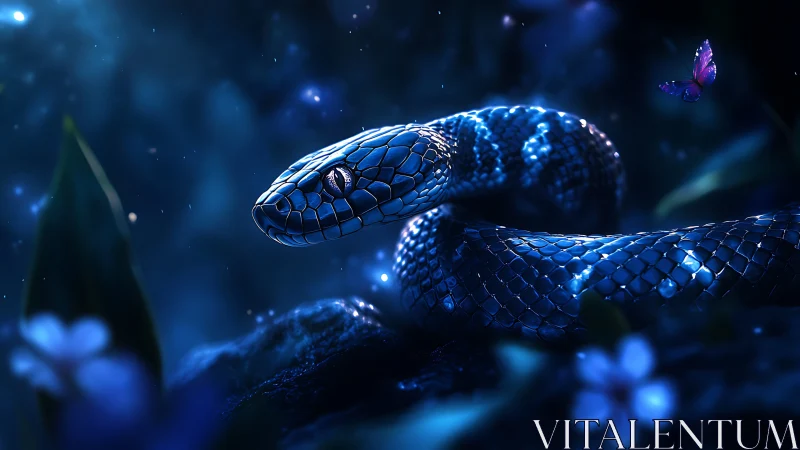 Blue serpent coiled in moonlit forest with glowing butterfly.