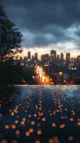City lights shimmering through gentle evening rainstorm.
