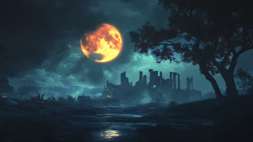 Lava-illuminated blood moon above mist-laden ruin complex.