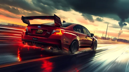 Red tuned Subaru WRX STI racing on wet neon highway.
