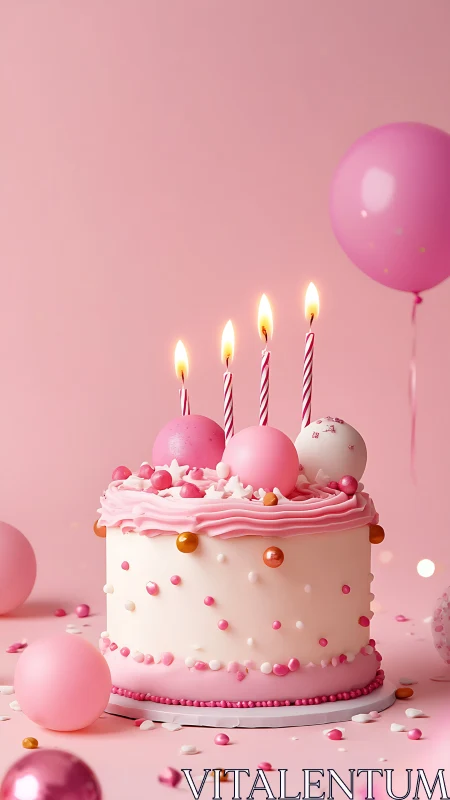 Pink Birthday Cake with Lit Candles and Balloons.