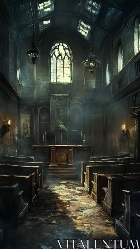 Whispering light in a crumbling, ghost-haunted chapel nave.
