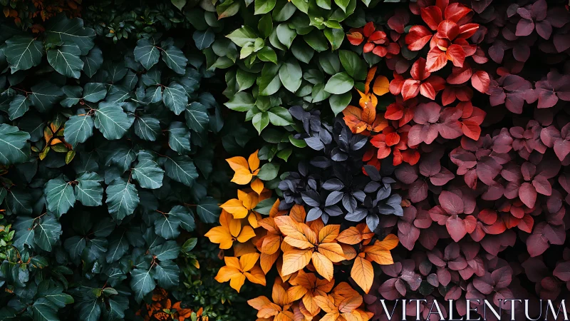 Multicolored foliage panels forming dense vertical display.