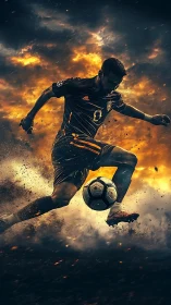Football player kicking ball amid fiery cloud backdrop.