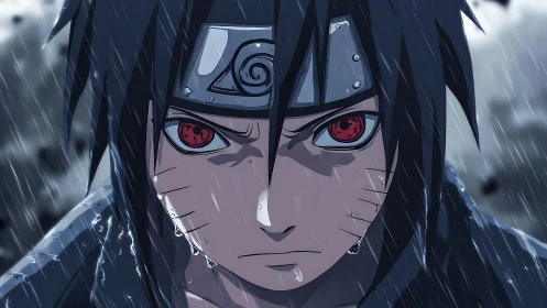 Intense red-eyed ninja in rain with dramatic close-up focus.