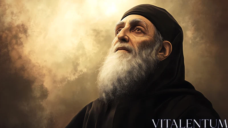 Elderly bearded man in hooded robe against diffuse sky backdrop.