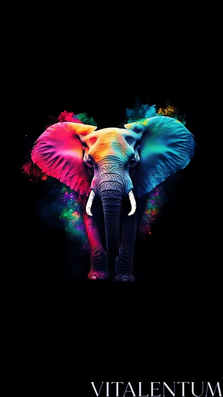 Multicolored frontal elephant rendering on black background