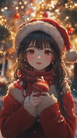 Girl in Santa outfit holds ornament before blurred lights