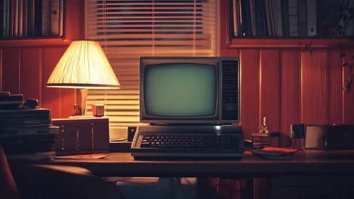 Retro computer glows under warm desk lamp in study room
