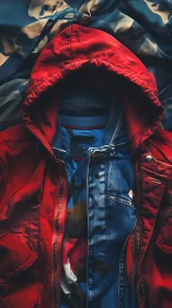 Red Nylon Jacket and Denim Composition with Dramatic Chiaroscuro.