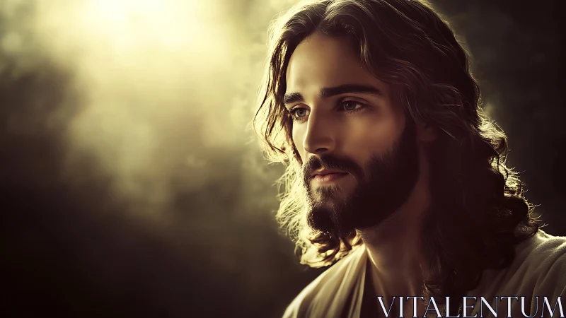 Soft golden light surrounds a thoughtful bearded figure