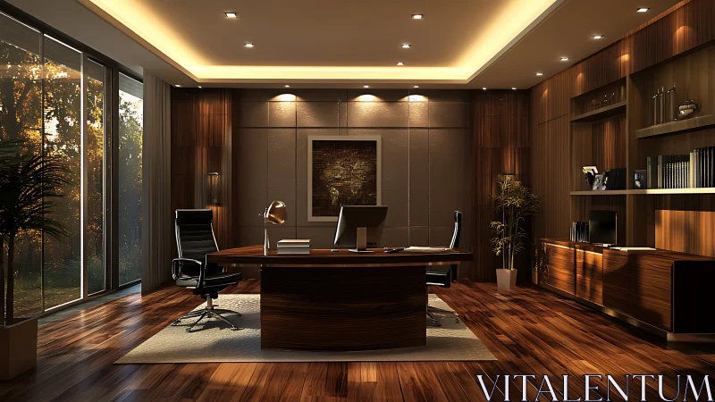 Contemporary executive office interior with wood finishes.