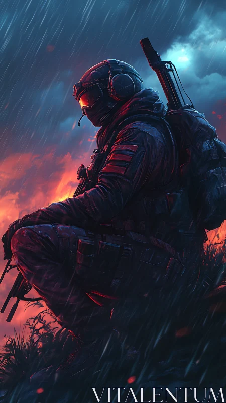 Tactical operator kneeling in rain under dual light sources