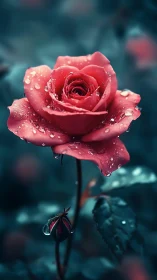 Crimson rose with dew drops under soft moody twilight glow.