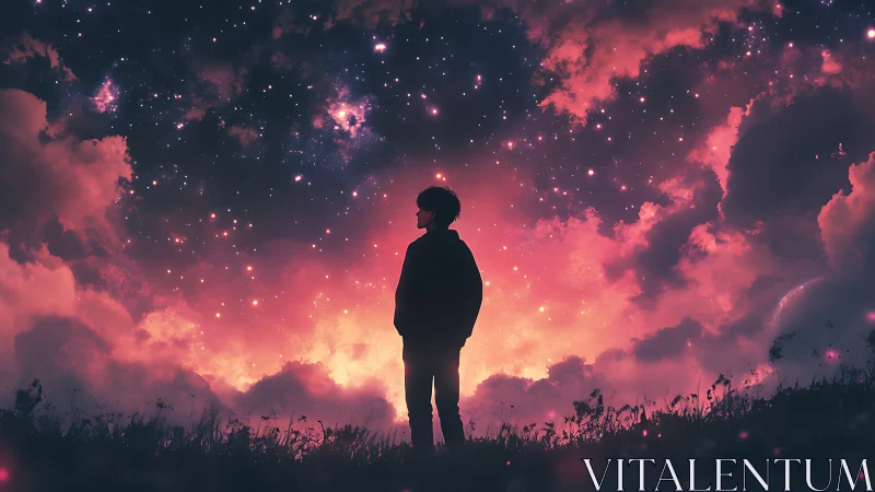 Silhouetted figure stands beneath dense starscape at twilight