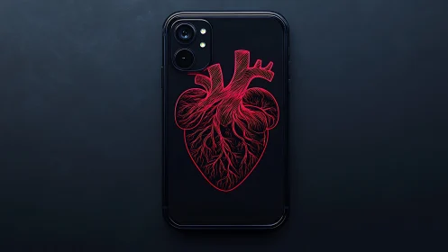 Neon Heart Anatomical Design on Dark Phone Display.