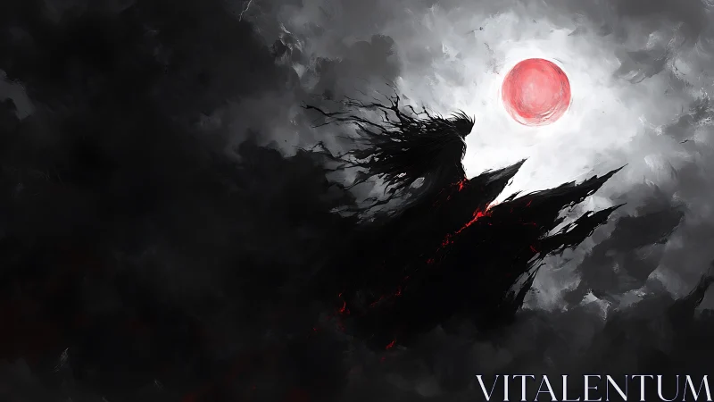 Shadowed wraith silhouette on jagged cliffs under red moon