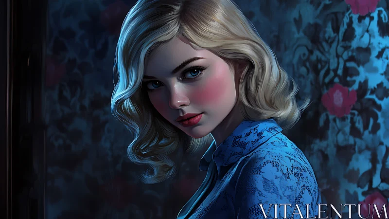 Blonde woman rendered in moody blue light against patterned wall