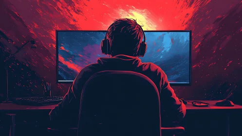 Backlit gamer at ultrawide monitor in red-blue contrast field.