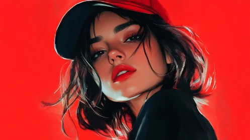 Bold digital portrait of woman in red cap on red backdrop.