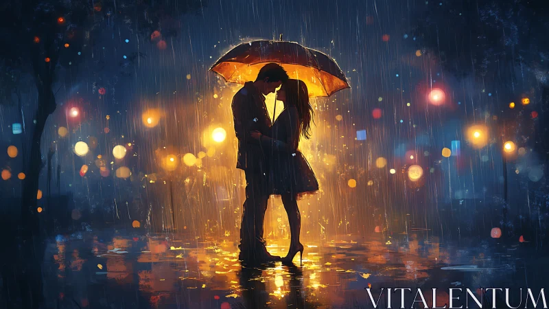 Couple Embracing Under Golden Umbrella in Rain.