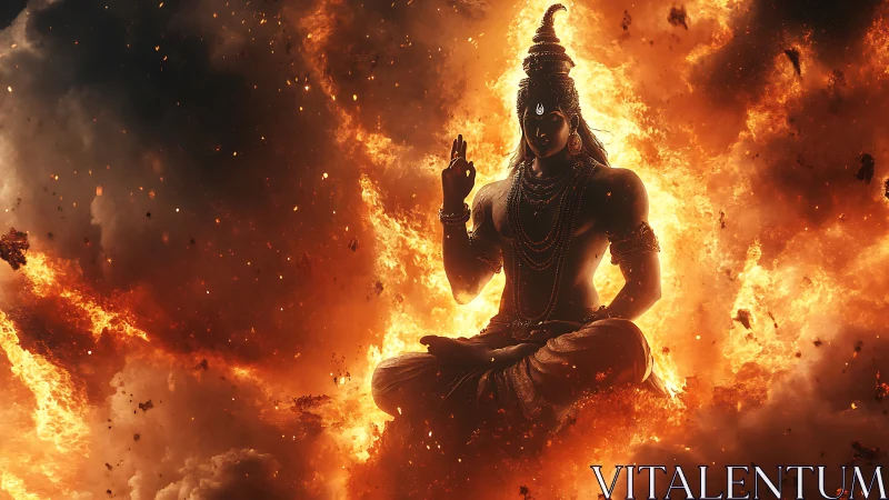 Divine fire deity meditating within swirling inferno cloud