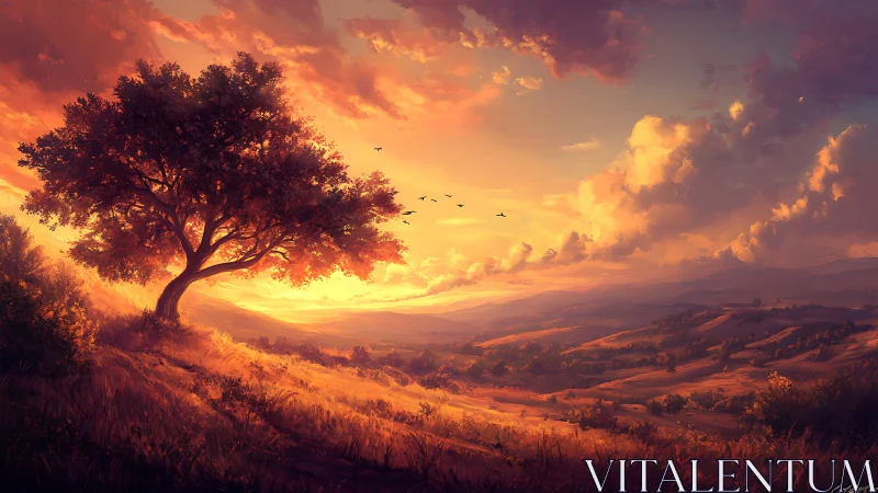 Solitary hillside tree overlooks sunlit rolling valley at dusk