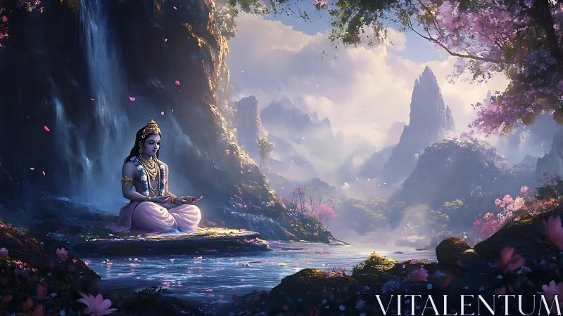 Lotus sage in jewel-toned valley of drifting petals.