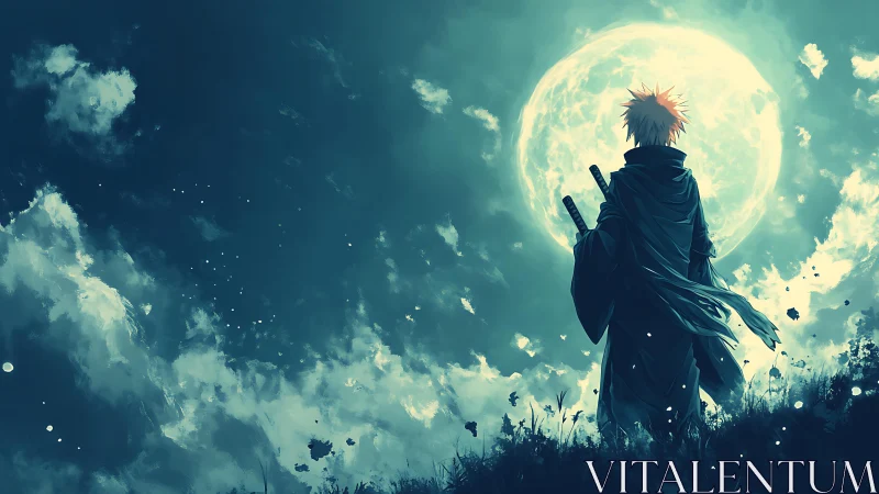 Sword-carrying figure stands before bright full moon