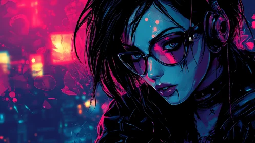 Neon-lit cyberpunk DJ portrait in electric magenta and cyan tones.