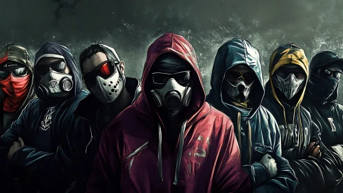 Group of masked figures in hoodies face viewer in formation