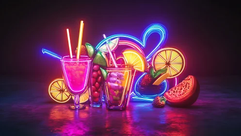 Neon cocktail still life with glowing citrus and fruit slices.