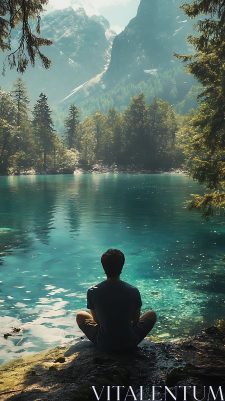 Backlit figure observes turquoise alpine lake under diffuse haze