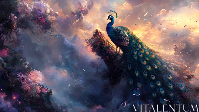 Skythrone peacock crowned by storm-kissed pastel clouds.
