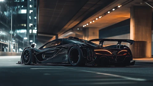 Hypercar rendered in cinematic night city underpass lighting