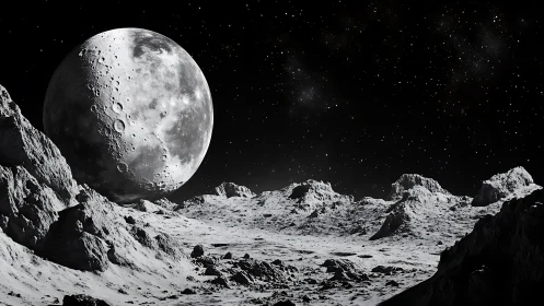 Lunar landscape under large cratered moon and star field.