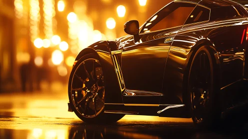 Kinetic street supercar under bokeh-saturated urban luminance.