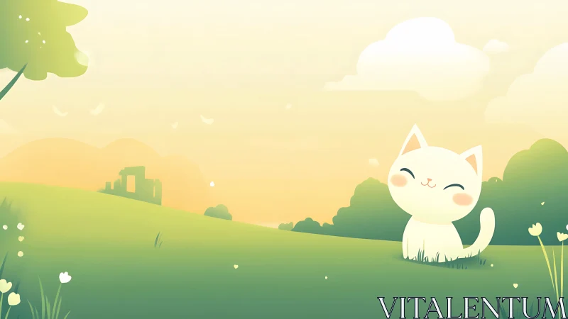 Adorable White Kitten Enjoys a Peaceful Garden Morning